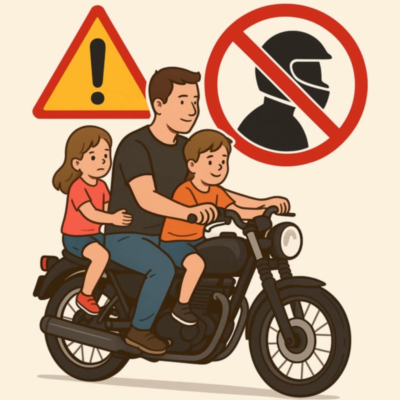 zdjęcie: Ojciec jechał na motorze z dwójką dzieci bez kasków ochronnych.